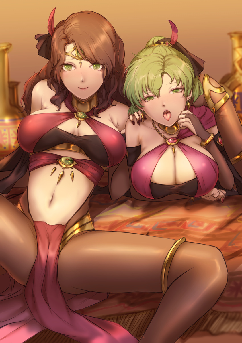 2girls alternate_costume bangs bracelet breasts brown_hair cleavage dancer dorothea_arnault earrings fire_emblem fire_emblem:_genealogy_of_the_holy_war fire_emblem:_three_houses fire_emblem_heroes green_eyes green_hair hair_ornament headpiece highres jewelry jtaka large_breasts lene_(fire_emblem) loincloth looking_at_viewer midriff multiple_girls navel official_alternate_costume open_mouth pantyhose