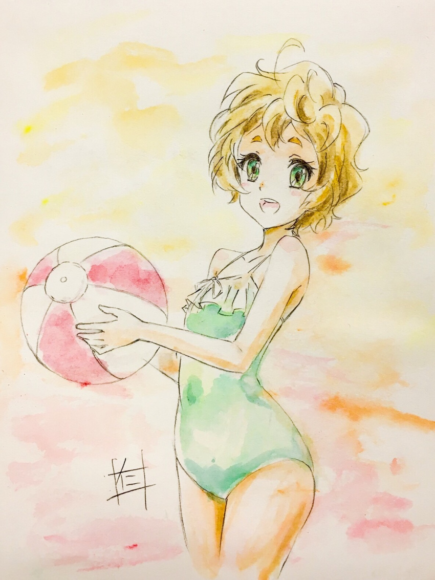 1girl :d ball bare_shoulders beachball blonde_hair blush green_eyes green_swimsuit hibike!_euphonium highres holding holding_ball holding_beachball kawashima_sapphire looking_at_viewer nii_manabu one-piece_swimsuit open_mouth short_hair signature smile solo spaghetti_strap standing swimsuit traditional_media watercolor_pencil_(medium)