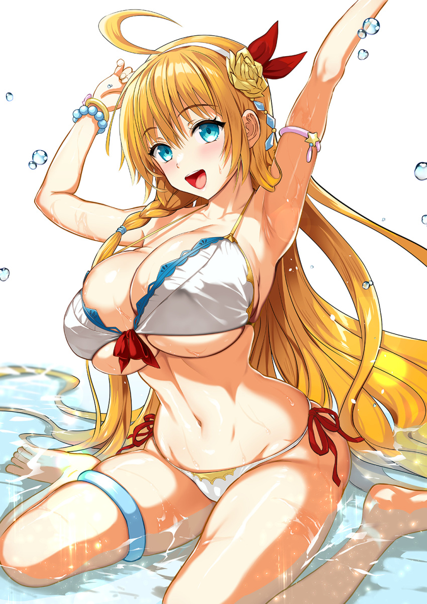 1girl :d ahoge armpits bare_shoulders bead_bracelet beads bikini blonde_hair blue_eyes blush bracelet breasts flower hair_flower hair_ornament hands_up highres huge_breasts jewelry kojima_saya long_hair looking_at_viewer narrow_waist navel open_mouth pecorine_(princess_connect!) princess_connect! red_ribbon ribbon rose side-tie_bikini sitting smile solo stomach sweat swimsuit wariza white_bikini yellow_flower yellow_rose