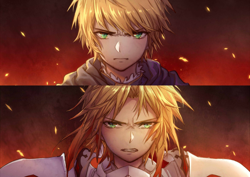 1boy 1girl angry armor arsh_(thestarwish) arthur_pendragon_(fate) bangs black_background blonde_hair blue_scarf braid breastplate brown_background closed_mouth commentary fate/grand_order fate_(series) frown gradient gradient_background green_eyes highres looking_at_viewer male_focus medium_hair messy_hair mordred_(fate) mordred_(fate)_(all) no_headwear no_helmet orange_background parted_bangs pauldrons portrait red_background scarf shiny shiny_hair short_hair shoulder_armor shoulder_plates teeth upper_body