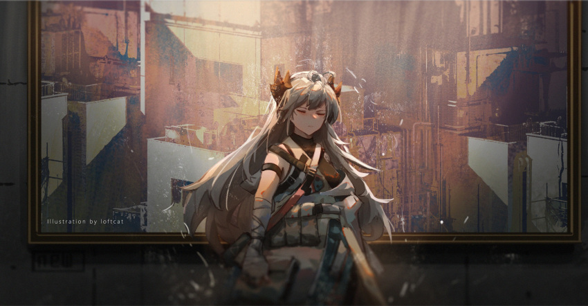 1girl arknights artist_name bandaged_arm bandages belt_pouch black_shirt closed_eyes closed_mouth coat commentary dragon_horns dust english_commentary english_text grey_coat highres horns loftcat long_hair off_shoulder official_alternate_costume painting_(object) pouch saria_(arknights) saria_(stronghold)_(arknights) shirt shoulder_strap silver_hair sleeveless sleeveless_shirt soft_focus solo upper_body