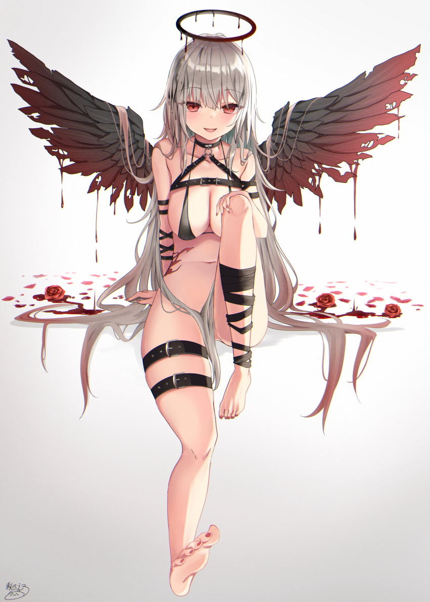 1girl absurdres akino_ell bare_shoulders barefoot bikini black_bikini black_choker blood bottomless breasts chest_harness choker cleavage fallen_angel feathered_wings feet flower gradient_hair grey_hair hair_censor halo halterneck harness highres knee_up large_breasts leg_ribbon long_hair looking_at_viewer multicolored_hair navel open_mouth original red_eyes red_flower ribbon rose simple_background smile solo stomach string_bikini swimsuit thigh_strap thighs very_long_hair white_background wings