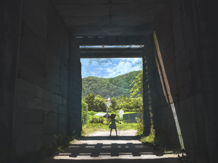 1girl absurdres blue_sky child cloud day dress fence forest from_behind hat highres landscape leaf legs_apart mirror mixed-language_commentary mountain mt._chiyan nature net original road scenery shack shadow short_hair sky solo standing summer sun_hat sundress tree tunnel white_dress
