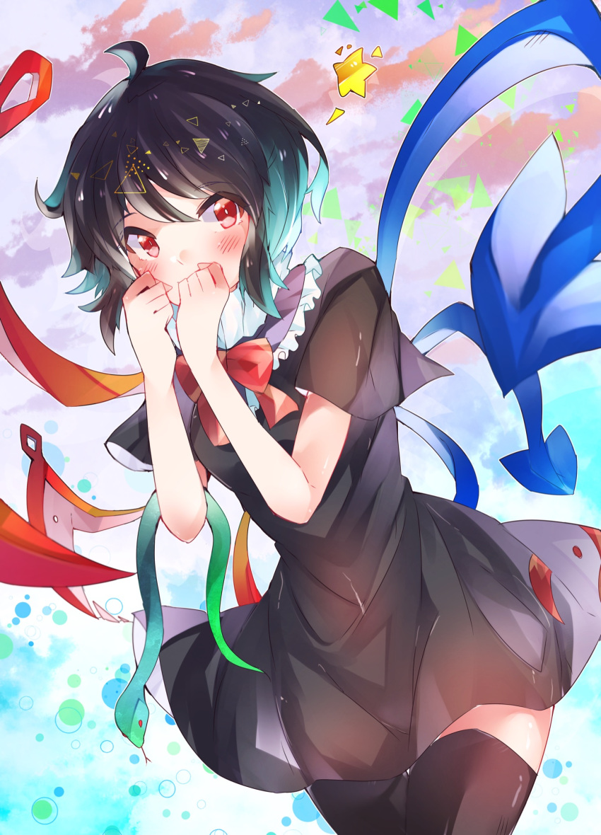 1girl asymmetrical_wings bangs black_dress black_hair black_legwear blue_wings blush bow bowtie buttons commentary_request cowboy_shot dress eyebrows_visible_through_hair frilled_dress frills hands_over_mouth highres houjuu_nue looking_at_viewer ra_mun5239 red_bow red_eyes red_neckwear red_wings short_dress short_hair short_sleeves snake solo star_(symbol) thighhighs touhou wings