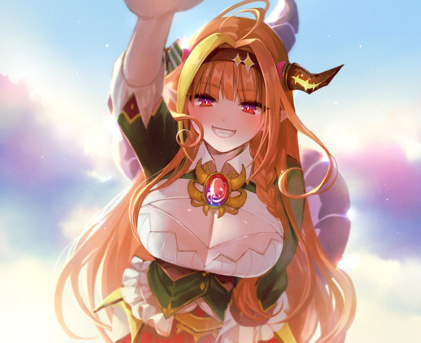 1girl ahoge bangs blonde_hair blunt_bangs braid breasts cleavage commentary dragon_girl dragon_horns eyebrows_visible_through_hair gem grin hairband highres hololive horns incoming_headpat jewelry kiryu_coco large_breasts long_hair looking_at_viewer mamaloni multicolored_hair necklace orange_hair outstretched_arm pointy_ears purple_eyes side_braid sky smile solo streaked_hair tail virtual_youtuber