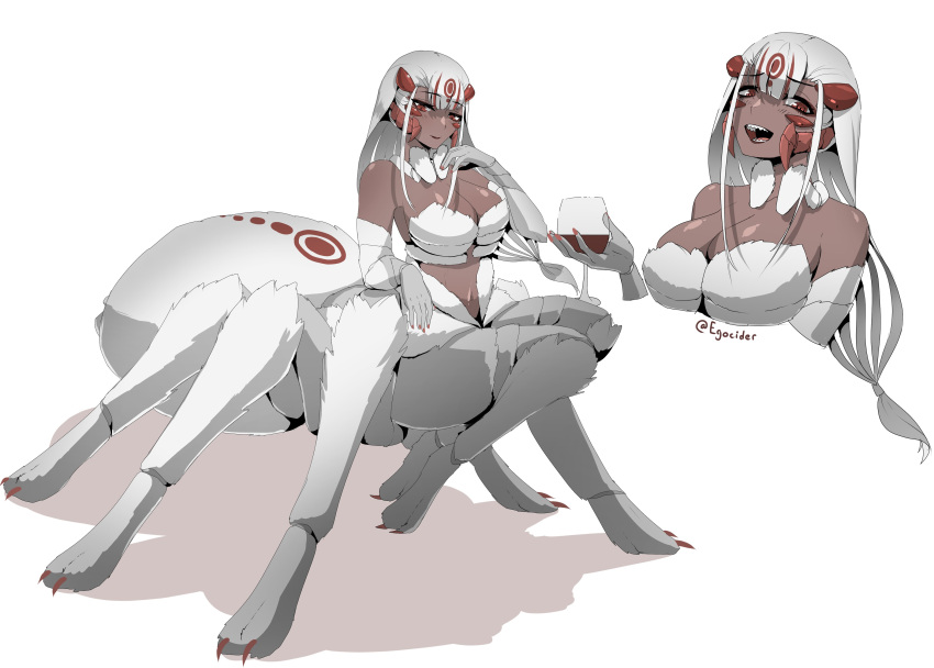 1girl absurdres alcohol arachne arthropod_girl breasts carapace cleavage cup dark-skinned_female dark_skin full_body highres holding holding_cup juniper_(artist) large_breasts long_hair monster_girl multiple_views original red_eyes revision sharp_teeth simple_background smile spider_girl taur teeth white_background white_fur white_hair wine