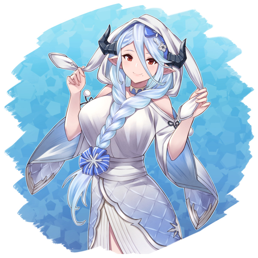 1girl absurdres artist_request blue_hair braid breasts draph front_braid granblue_fantasy highres izmir large_breasts long_hair looking_at_viewer mole mole_under_mouth red_eyes smile solo