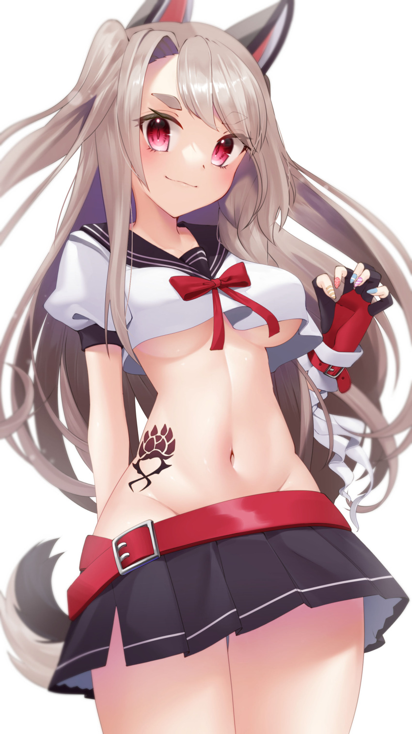 1girl absurdres azur_lane bangs belt black_skirt blurry breasts claw_pose commentary_request depth_of_field eyebrows_visible_through_hair eyes_visible_through_hair groin headgear highres long_hair looking_at_viewer midriff nail_polish navel pleated_skirt red_eyes school_uniform seele0907 serafuku sidelocks silver_hair simple_background skirt smile solo tail tattoo thick_eyebrows two_side_up underboob white_background wolf_tail yuudachi_(azur_lane)