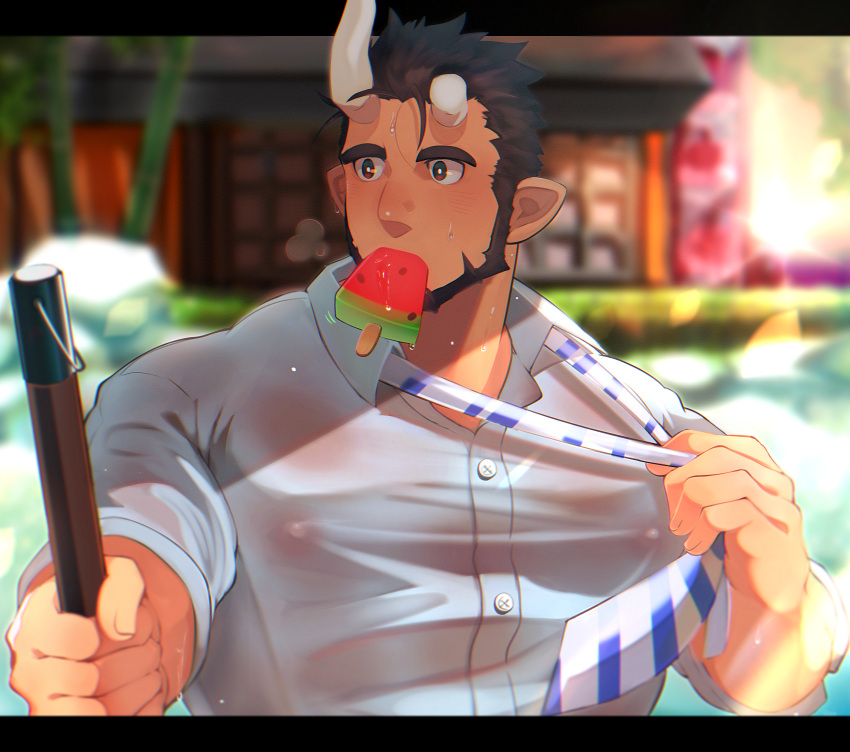 1boy absurdres alternate_costume bara beard black_hair blurry blurry_background blush bright_pupils broken_horn casual covered_nipples crow_(siranui) demon_boy facial_hair food highres horns large_pectorals live_a_hero male_focus mature_male muscular muscular_male nessen_(live_a_hero) onsen pectorals pointy_ears popsicle see-through shirt short_hair solo thick_eyebrows upper_body watermelon_bar wet wet_clothes wet_shirt white_shirt