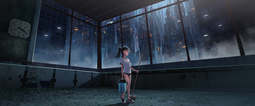 1girl arm_at_side bench black_hair breasts broom bucket building buruma city city_lights cityscape clock closed_mouth commentary_request crocs dirty gym_uniform highres holding holding_broom holding_bucket indoors long_hair looking_away looking_to_the_side miyoshi_nao_(miyoshist) original ponytail red_eyes scenery shirt small_breasts solo standing tile_wall tiles white_shirt wide_shot window