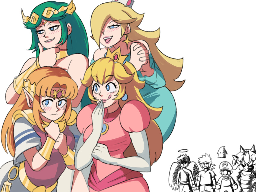 4girls armlet bare_shoulders black_hair blonde_hair blue_eyes blush bowser breasts brown_hair crown dress earrings gloves green_eyes green_hair hair_over_one_eye hat hetero highres jewelry kid_icarus kid_icarus_uprising link long_hair looking_at_viewer luma_(mario) mario mario_(series) multiple_girls necklace open_mouth palutena pendant pit_(kid_icarus) pointy_ears princess_peach princess_zelda rosalina short_hair side_slit simple_background smile star_(symbol) star_earrings super_mario_galaxy super_smash_bros. the_legend_of_zelda the_legend_of_zelda:_a_link_between_worlds the_legend_of_zelda:_breath_of_the_wild tiara tina_fate vambraces very_long_hair wings