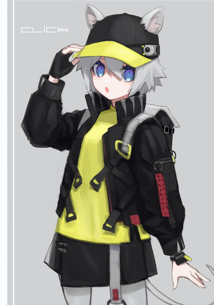 1girl 3rd_rb absurdres adjusting_clothes adjusting_headwear animal_ears arknights backpack bag bangs baseball_cap black_gloves black_headwear black_jacket black_skirt blue_eyes character_name click_(arknights) commentary_request fingerless_gloves gloves green_hair grey_background grey_hair hair_between_eyes hat highres jacket long_sleeves mouse_ears mouse_tail open_clothes open_jacket open_mouth shirt short_hair single_glove skirt solo tail two-tone_headwear yellow_headwear