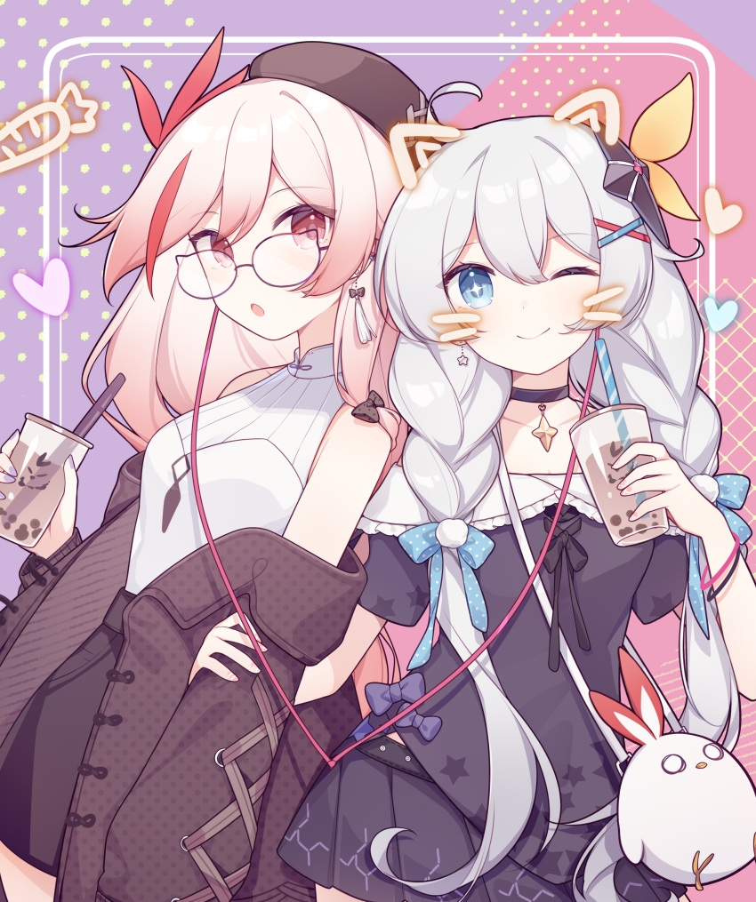 2girls absurdres antenna_hair bare_shoulders bird blue_eyes braid brown_coat casual chicken closed_mouth coat earphones eta fashion fu_hua fu_hua_(phoenix) glasses hair_between_eyes hair_ornament hat highres honkai_(series) honkai_impact_3rd iced_tea kiana_kaslana long_hair looking_at_viewer multicolored_hair multiple_girls nail_polish one_eye_closed open_mouth purple_nails red_eyes smile streaked_hair twin_braids white_hair