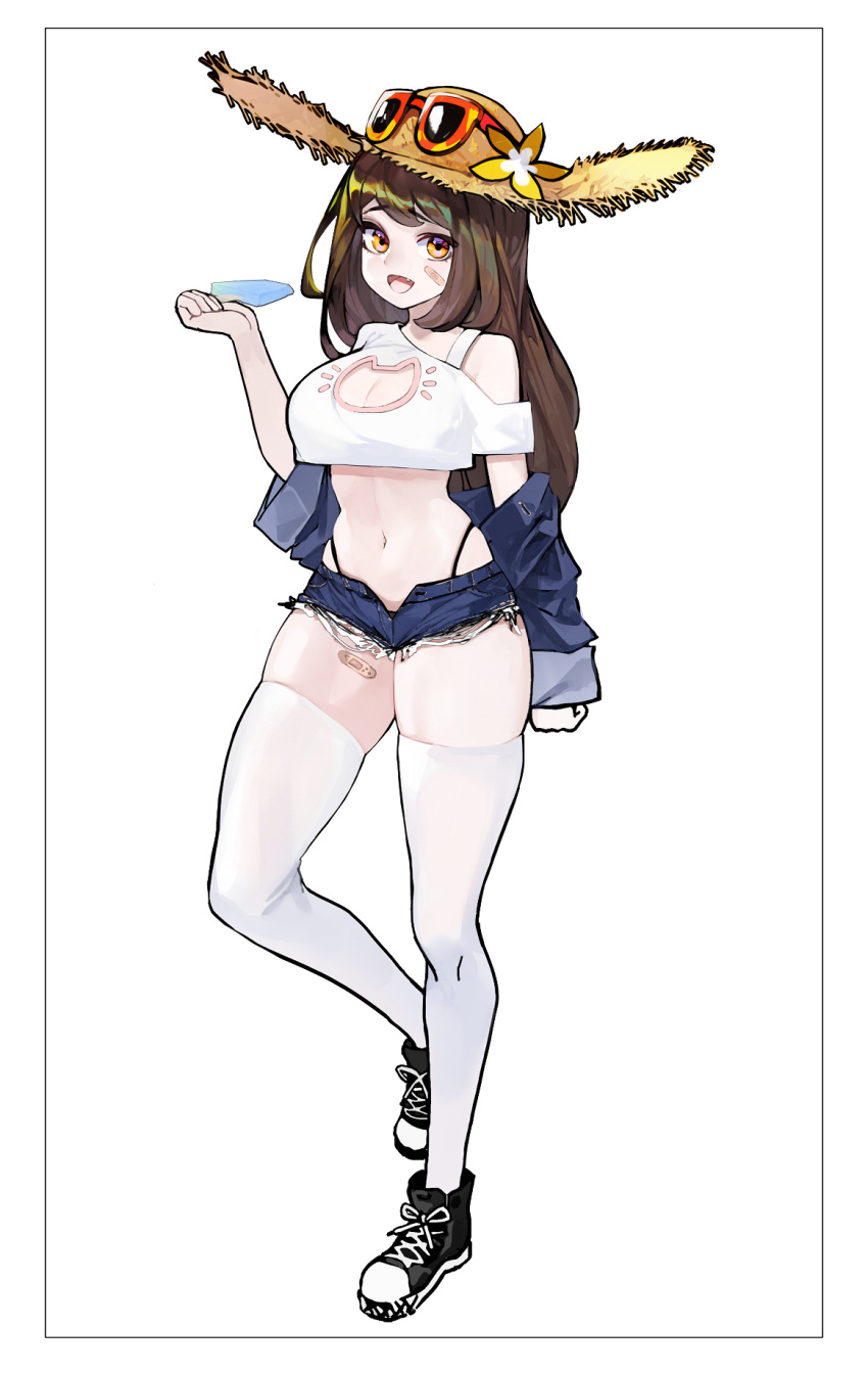 1girl :d artist_request bandaid bandaid_on_cheek bandaid_on_leg bare_shoulders black_footwear blue_jacket blue_shorts breasts brown_hair brown_headwear cat_cutout cleavage cleavage_cutout clothing_cutout crop_top crop_top_overhang cutoffs denim denim_jacket denim_shorts eyewear_on_headwear fang flower food full_body hand_up hat hat_flower highleg highres holding jacket large_breasts long_hair looking_at_viewer micro_shorts midriff navel off_shoulder open_clothes open_fly open_jacket open_mouth orange_eyes pokemon pokemon_(game) pokemon_sm popsicle revealing_clothes second-party_source shirt shoes shorts shoulder_cutout sightseer_(pokemon) skindentation smile sneakers solo standing stomach straw_hat sunglasses thighhighs thighs white_legwear white_shirt