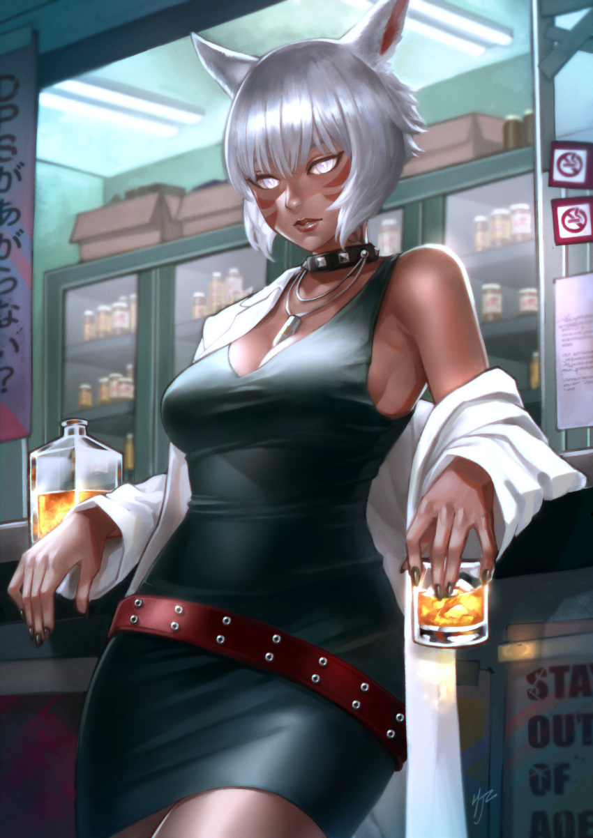 1girl absurdres animal_ears bangs belt black_dress breasts cat_ears cleavage coat collar cup dark-skinned_female dark_skin dress facial_mark final_fantasy final_fantasy_xiv glass highres hjz_(artemi) holding holding_cup leaning_back leaning_on_object lips looking_at_viewer medium_breasts miqo'te neck_tattoo open_clothes open_coat short_hair silver_eyes silver_hair solo tattoo whisker_markings y'shtola_rhul