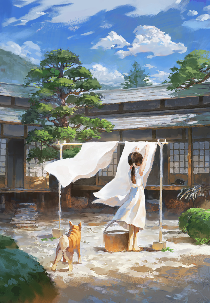 1girl architecture arms_up bare_arms basket bed_sheet black_cat black_hair blue_sky brown_footwear bush cat cloud day dog dress east_asian_architecture fjsmu from_behind highres house laundry laundry_pole mountain original outdoors ponytail sandals scenery shiba_inu shouji sky sleeveless sleeveless_dress sliding_doors solo tree white_dress wind wind_lift