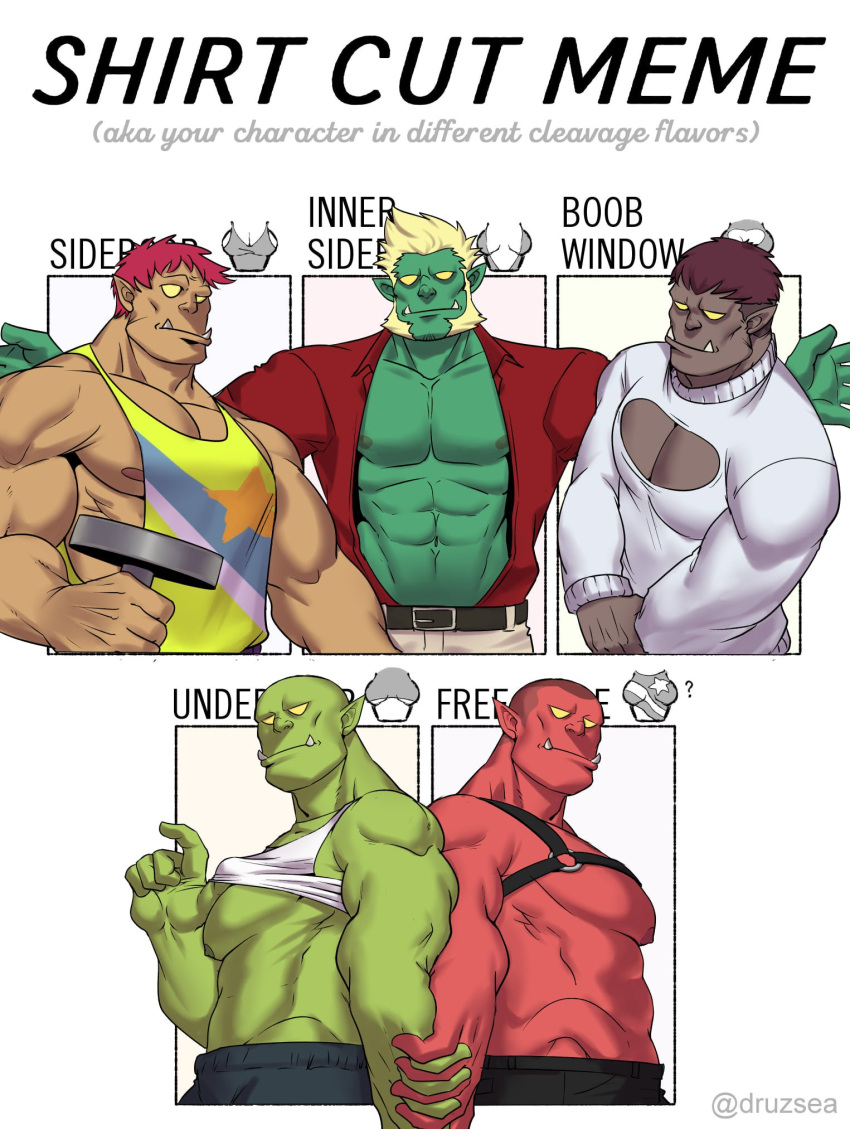 6+boys abs bald bara bare_pectorals blonde_hair buzz_cut chest_harness cleavage_cutout clothes_lift clothing_cutout colored_skin couple dark_skin dumbbell fangs green_skin guppo13 harness highres holding_hands horns interlocked_fingers jacket large_pectorals lifted_by_self long_sideburns male_cleavage male_focus mature_male monster_boy multiple_boys muscular muscular_male navel nipples no_pupils open_clothes open_jacket orc original pectorals pink_hair pointy_ears red_jacket red_skin shirt_lift shirtless short_hair sideburns stomach sweater tank_top very_short_hair weightlifting white_sweater white_tank_top yaoi yellow_skin yellow_tank_top
