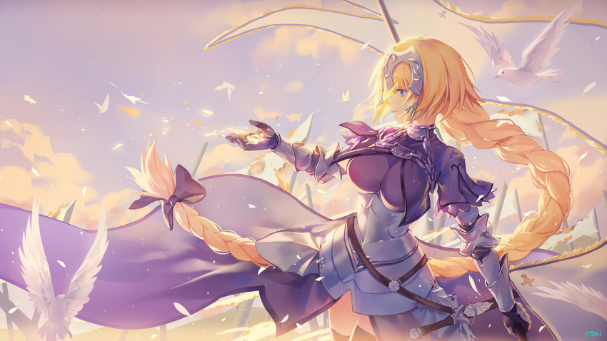 animal atdan bird blonde_hair bow braids breasts chain dress elbow_gloves fate/grand_order fate_(series) gloves headdress jeanne_d'arc_(fate) long_hair ponytail purple_eyes signed thighhighs