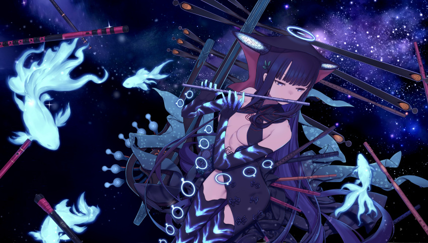 1girl absurdres blue_fire breasts center_opening daisi_gi elbow_gloves fate/grand_order fate_(series) fire fish flute gloves hair_ornament halo highres instrument leaf_hair_ornament medium_breasts music playing_instrument purple_eyes purple_hair starry_background thighhighs yang_guifei_(fate)