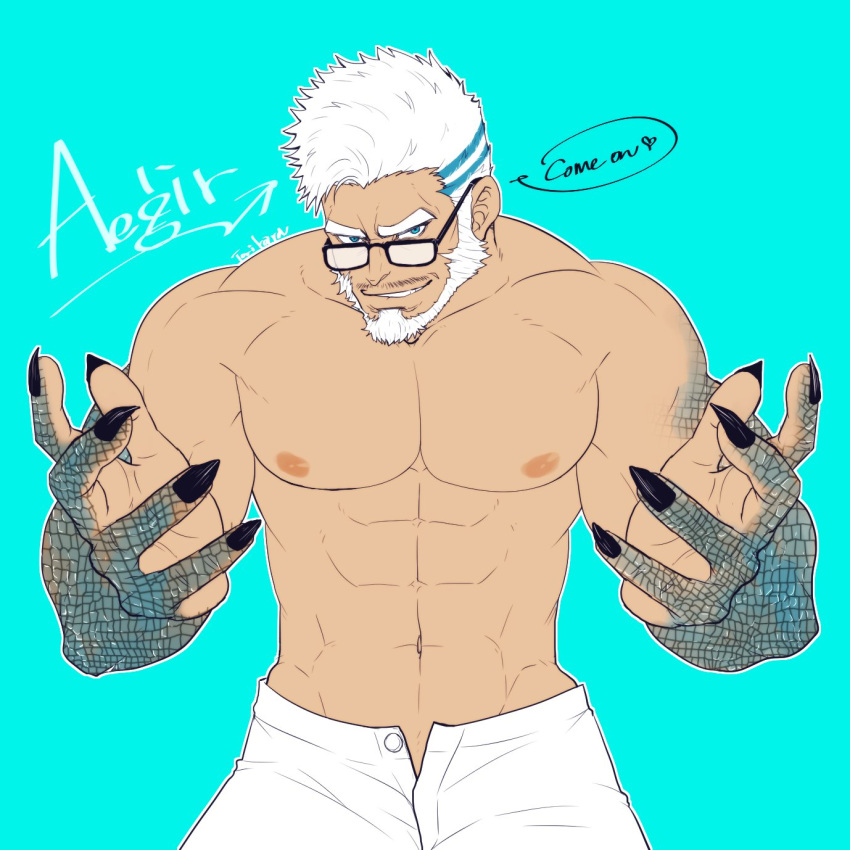 1boy abs aegir_(tokyo_houkago_summoners) aqua_hair bara beard beckoning black-framed_eyewear blue_eyes dark-skinned_male dark_skin facial_hair fingernails fins fish_boy glasses highres large_pectorals looking_at_viewer male_focus mature_male multicolored_hair muscular muscular_male navel nipples open_fly open_pants outstretched_arms pants pectorals sharp_fingernails shirtless short_hair solo spread_arms stomach streaked_hair tokyo_houkago_summoners torikara_(torikarasan10) white_hair