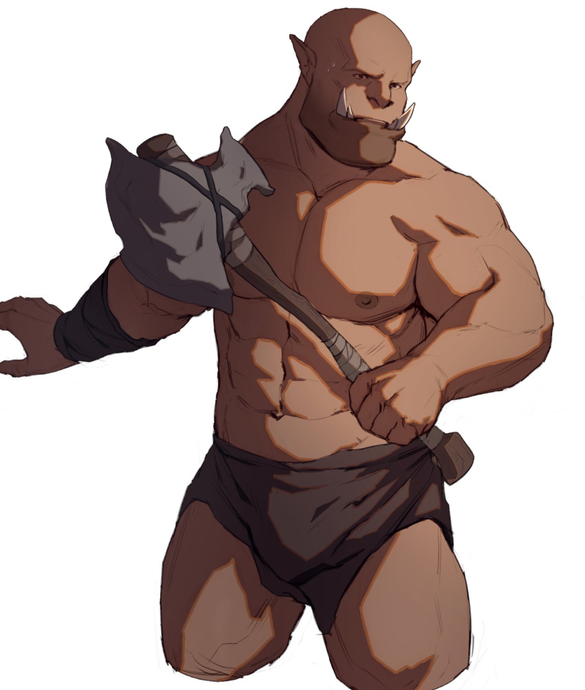 1boy abs axe bald bara bare_pectorals beard bulge cropped_legs dark_skin facial_hair fangs garrosh_hellscream highres holding holding_axe large_pectorals loincloth male_focus mature_male monster_boy muscular muscular_male navel nipples orc pectorals pointy_ears ryker solo stomach stubble thighs warcraft world_of_warcraft