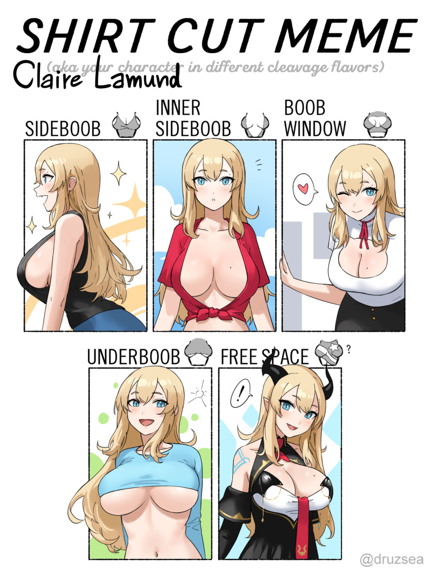 1girl ;) arms_behind_back black_horns blue_eyes blush breasts cat_cutout character_name chart claire_lamund_(nhaliz) cleavage cleavage_cutout clothing_cutout collage crop_top demon_horns english_commentary english_text fang front-tie_top heart highres horns large_breasts light_brown_hair long_hair looking_at_viewer meme meme_attire midriff mole mole_above_eye mole_on_breast multiple_moles multiple_views navel nhaliz no_bra one_eye_closed open-chest_sweater original revealing_clothes shirt_cut_meme sideboob sleeveless slit_pupils smile solo spoken_heart sweater underboob