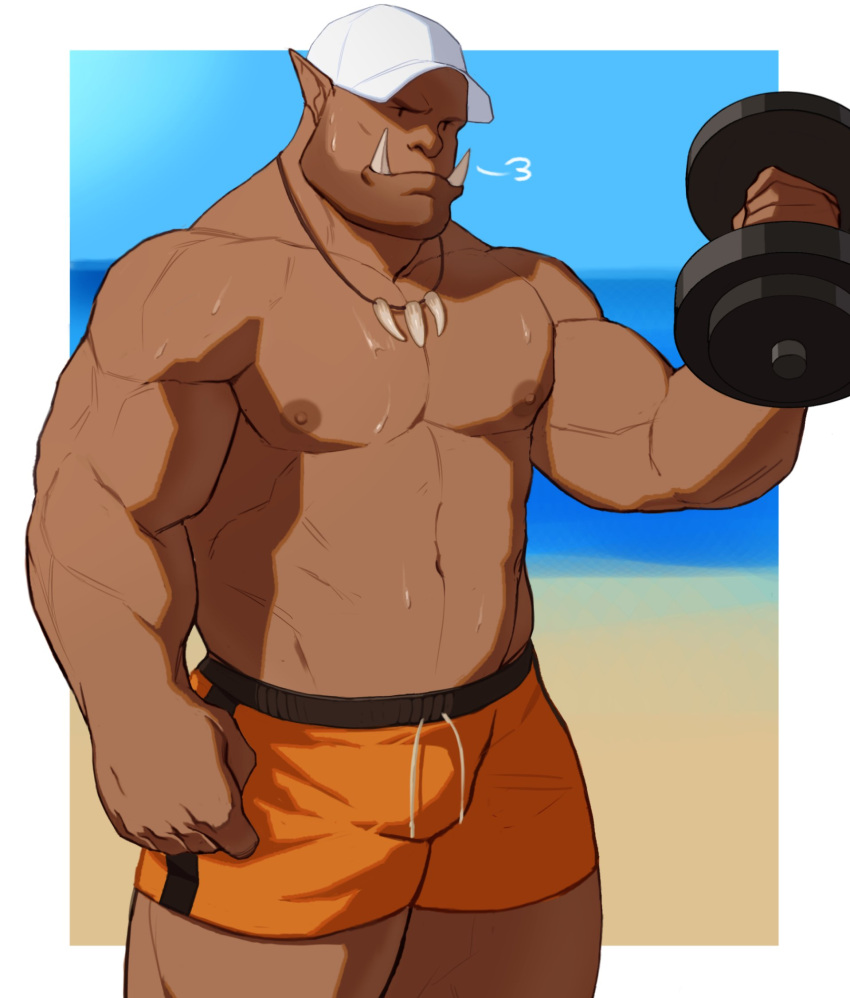 1boy abs bald bara bare_pectorals baseball_cap beach beard biceps bulge dark_skin day eyebrow_piercing facial_hair fangs garrosh_hellscream hat highres large_pectorals male_focus male_swimwear mature_male monster_boy muscular muscular_male navel nipples nose_piercing nose_ring orange_male_swimwear orc pectorals piercing pointy_ears ryker solo stomach stubble sweat swim_trunks thick_thighs thighs tooth_necklace warcraft weightlifting world_of_warcraft