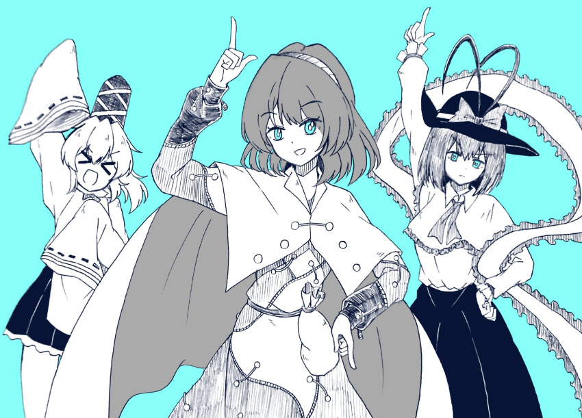 &gt;_&lt; 3girls :d arm_up bag bangs blue_background blue_eyes bow bright_pupils cape capelet closed_mouth cowboy_shot dress eyebrows_visible_through_hair frills greyscale gurajio hairband hand_on_hip hat hat_bow highres index_finger_raised japanese_clothes kariginu long_sleeves looking_at_viewer medium_hair monochrome mononobe_no_futo multiple_girls nagae_iku open_mouth pointing pointing_down pointing_up ponytail ribbon-trimmed_sleeves ribbon_trim shawl shirt short_hair simple_background skirt sleeves_past_fingers sleeves_past_wrists smile standing symbol_commentary tate_eboshi tenkyuu_chimata touhou v-shaped_eyebrows wide_sleeves