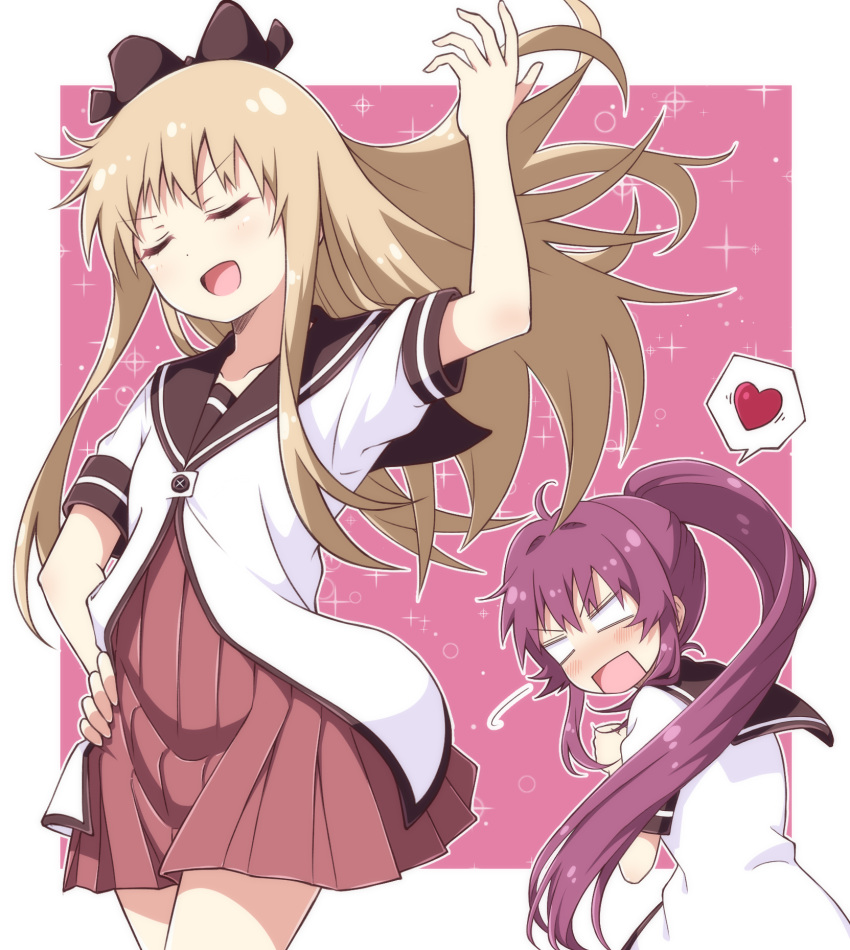 2girls :d ahoge arm_up bangs black_sailor_collar blank_eyes blonde_hair blush border bow brown_bow closed_eyes collarbone commentary dress eyebrows_visible_through_hair floating_hair hair_bow hand_on_hip heart highres long_hair looking_at_another looking_back multiple_girls nanamori_school_uniform open_mouth outline outside_border pink_background pleated_dress pontasu ponytail purple_hair red_dress revision sailor_collar school_uniform shiny shiny_hair shirt short_sleeves smile sparkle sparkle_background speech_bubble split_mouth spoken_heart standing sugiura_ayano toshinou_kyouko v-shaped_eyebrows very_long_hair white_border white_outline white_shirt yuru_yuri