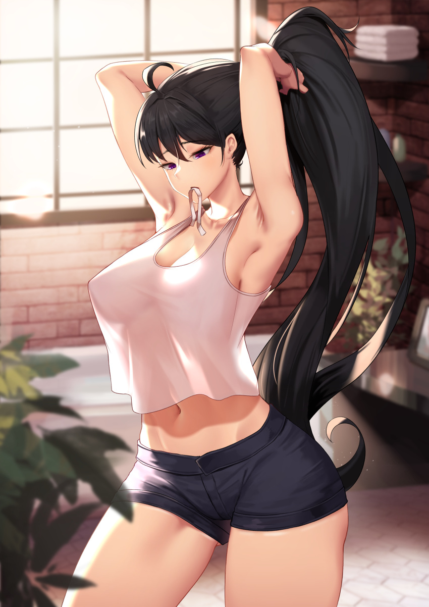 1girl absurdres ahoge armpits arms_up bare_arms bare_shoulders black_hair black_shorts breasts bunching_hair choi_hwa-ryeong cleavage collarbone commission contrapposto covered_nipples cowboy_shot crop_top crop_top_overhang daydream_(zhdkffk21) hair_tie_in_mouth highres indoors large_breasts long_hair looking_down midriff mouth_hold navel no_bra original ponytail purple_eyes second-party_source see-through_silhouette shirt short_shorts shorts sleeveless sleeveless_shirt solo standing stomach thighs tying_hair very_long_hair white_shirt window