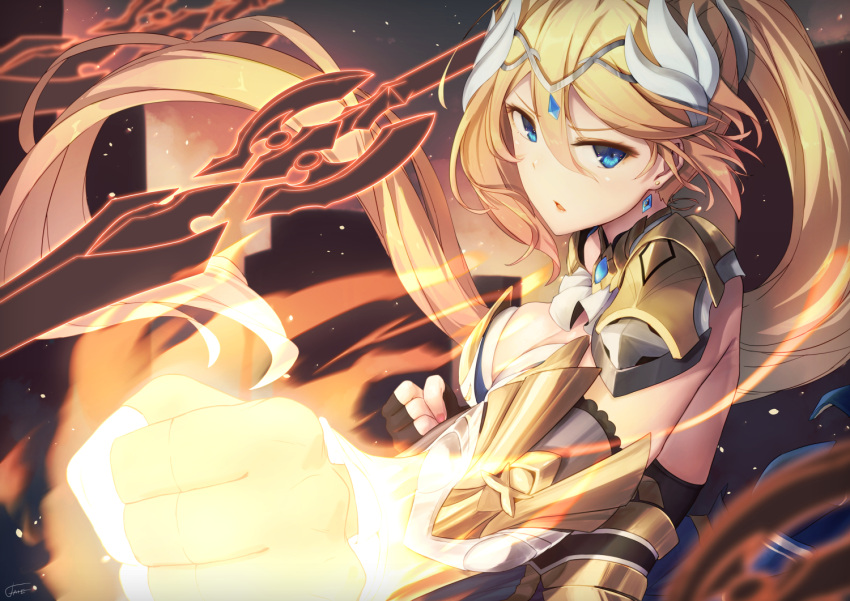 1girl bangs bianka_durandal_ataegina bianka_durandal_ataegina_(dea_anchora) blonde_hair blue_eyes breasts cleavage clenched_hands earrings flaming_hand hair_between_eyes hair_ornament honkai_(series) honkai_impact_3rd jewelry long_hair looking_at_viewer open_mouth polearm ponytail solo spear weapon xfate