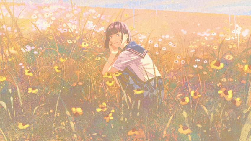 1girl bangs black_hair black_skirt blue_sailor_collar blunt_bangs flower from_side gemi highres original plant pleated_skirt sailor_collar shirt short_hair short_sleeves skirt solo squatting white_flower white_shirt wide_shot yellow_flower