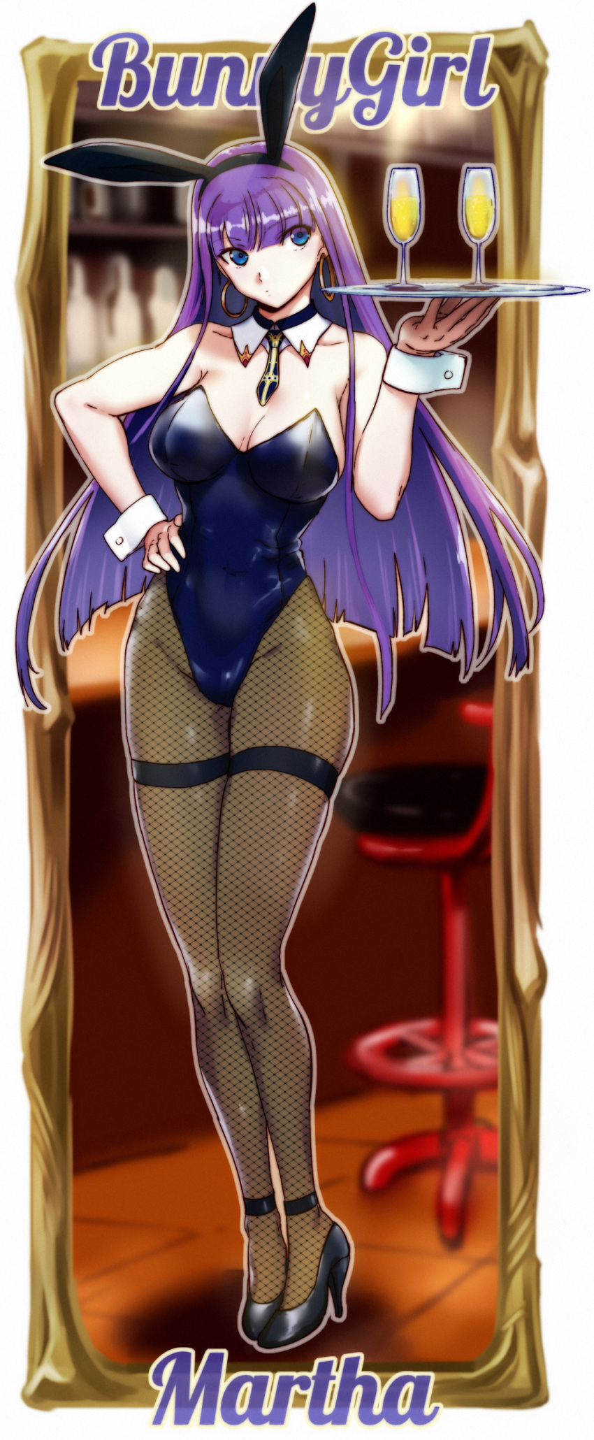 1girl absurdres animal_ears aoba_(smartbeat) bangs bare_shoulders black_leotard blue_eyes blunt_bangs breasts bunny_ears cleavage covered_navel detached_collar fake_animal_ears fate/grand_order fate_(series) fishnet_legwear fishnets full_body highleg highleg_leotard highres large_breasts leotard long_hair looking_at_viewer martha_(fate) playboy_bunny purple_hair solo strapless strapless_leotard wrist_cuffs