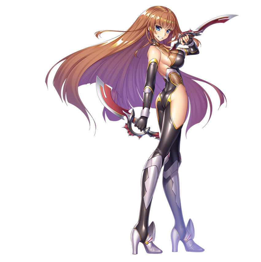 1girl alternate_costume aoi_nagisa_(metalder) ass bangs black_gloves blue_eyes bodysuit boots breasts brown_hair cleavage dagger fighting_stance fingerless_gloves fishnet_fabric fishnets full_body gloves high_heel_boots high_heels holding holding_dagger holding_weapon knife koukawa_asuka long_hair looking_at_viewer looking_back medium_breasts official_art simple_background smile solo taimanin_(series) taimanin_asagi taimanin_rpgx thigh_boots thighhighs weapon white_background