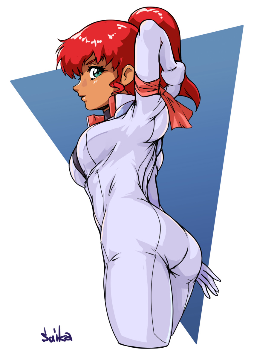 1girl artist_name ass breasts cropped_legs dark-skinned_female dark_skin from_behind green_eyes gundam hair_behind_ear highres kate_bush leaning_forward medium_breasts open_hand pilot_suit ponytail red_hair saika_(pixiv43370196) solo victory_gundam