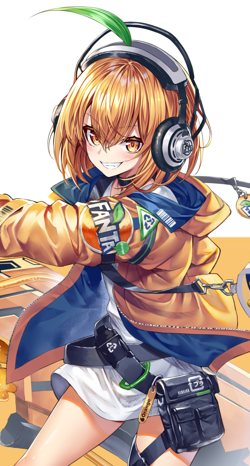 1girl arrow_(symbol) bangs barcode belt black_belt bob_cut cowboy_shot dress english_text eyebrows_visible_through_hair fang fanta grin headphones heirou highres holding holding_weapon hood hood_down hooded_jacket huge_weapon jacket leaf logo long_sleeves looking_at_viewer open_clothes open_jacket orange_eyes orange_hair orange_jacket original pouch recycling_symbol short_dress short_hair simple_background smile solo standing thigh_strap weapon white_background white_dress