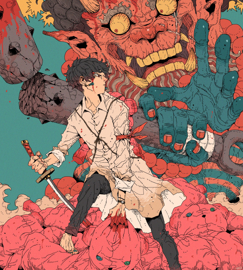 1boy barefoot black_hair black_pants blood broken cloud club collared_shirt highres holding holding_sword holding_weapon long_sleeves monster original pants pointy_ears profile red_nails shirt short_hair spiked_club sword tamagosan1001 weapon white_shirt
