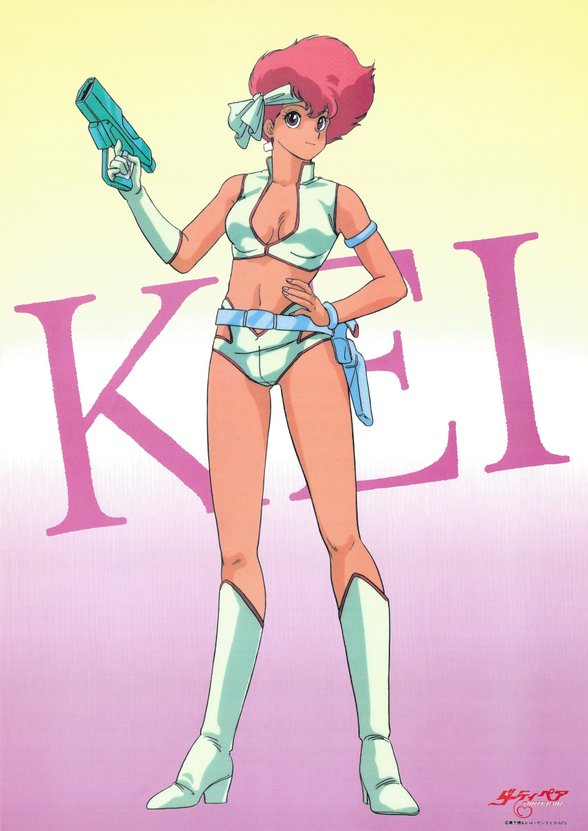 1980s_(style) 1girl absurdres arm_strap boots character_name dirty_pair earrings full_body gloves gradient gradient_background gun hand_on_hip handgun headband highres holding holding_gun holding_weapon holster jewelry kei_(dirty_pair) knee_boots navel official_art red_eyes red_hair retro_artstyle scan short_hair single_glove smile solo standing weapon wristband