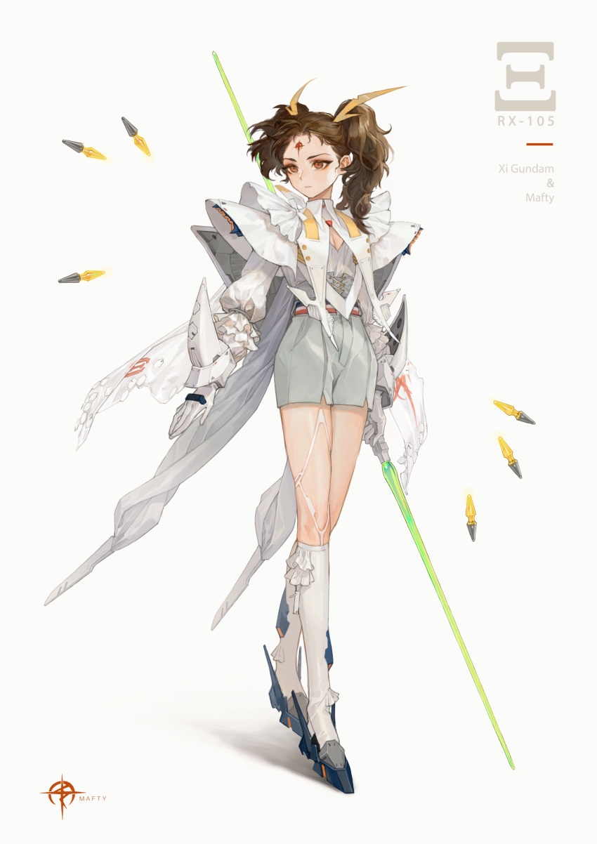 1girl absurdres asymmetrical_hair beam_saber breasts brown_eyes brown_hair character_name cleavage commentary curly_hair double-blade energy_sword english_text forehead_tattoo funnels gloves group_name gundam gundam_hathaway's_flash highres logo long_hair mecha_musume saber_beam saberstaff small_breasts solo sword twintails weapon white_gloves white_legwear xi_gundam
