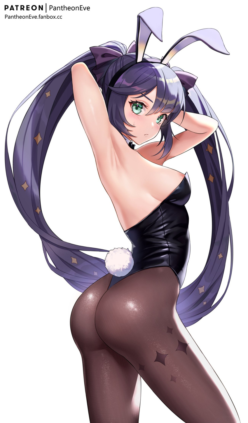 1girl animal_ears areola_slip areolae armpits arms_behind_head arms_up ass bangs bare_shoulders black_hair black_leotard blush breasts bunny_ears bunny_tail detached_collar fake_animal_ears genshin_impact green_eyes highleg highleg_leotard highres leotard long_hair looking_at_viewer medium_breasts mona_(genshin_impact) pantheon_eve pantyhose playboy_bunny solo strapless strapless_leotard tail thighs twintails
