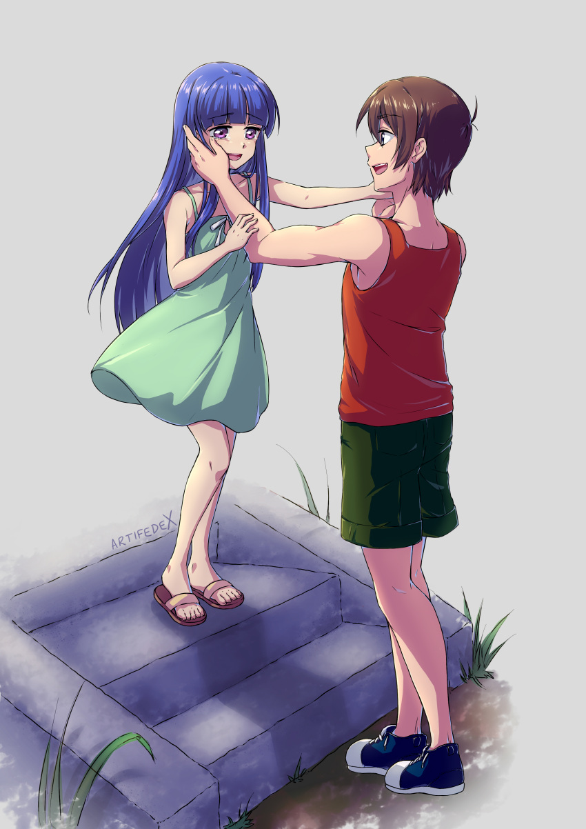 1boy 1girl absurdres aqua_dress artifedex bangs blue_hair blunt_bangs brown_hair collarbone dress eyebrows_visible_through_hair full_body furude_rika green_shorts hair_between_eyes hand_on_another's_cheek hand_on_another's_face highres higurashi_no_naku_koro_ni holding_hands long_hair maebara_keiichi open_mouth purple_eyes red_shirt shiny shiny_hair shirt short_dress short_hair shorts sleeveless sleeveless_dress sleeveless_shirt standing straight_hair sundress very_long_hair