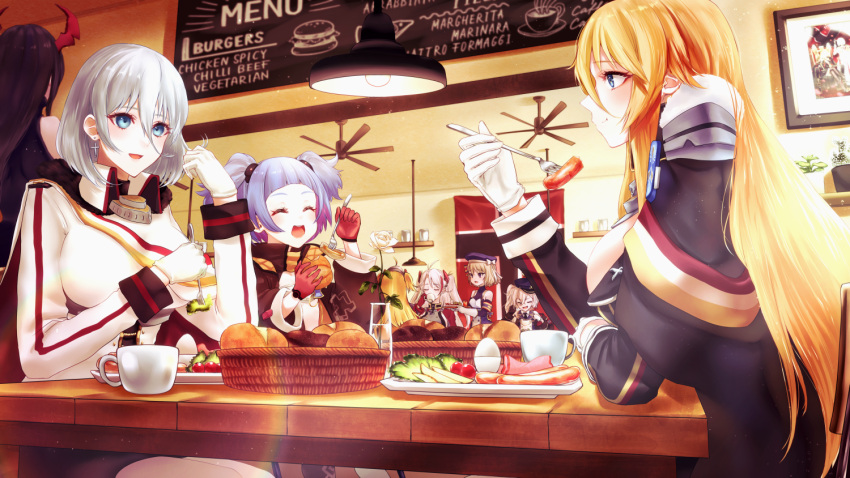 6+girls admiral_hipper_(azur_lane) azur_lane bangs bismarck_(azur_lane) black_hair blonde_hair blue_eyes bread breasts cacao_(suisaixx) ceiling_fan ceiling_light character_request chewing closed_eyes closed_mouth cup flag food fork friedrich_der_grosse_(azur_lane) fruit gloves hair_between_eyes high_collar holding holding_fork horns indoors large_breasts long_hair looking_at_another mechanical_horns medium_hair menu_board military military_uniform multiple_girls picture_(object) picture_frame prinz_eugen_(azur_lane) purple_hair red_gloves red_horns silver_hair table tirpitz_(azur_lane) twintails u-556_(azur_lane) uniform vegetable white_gloves z23_(azur_lane)