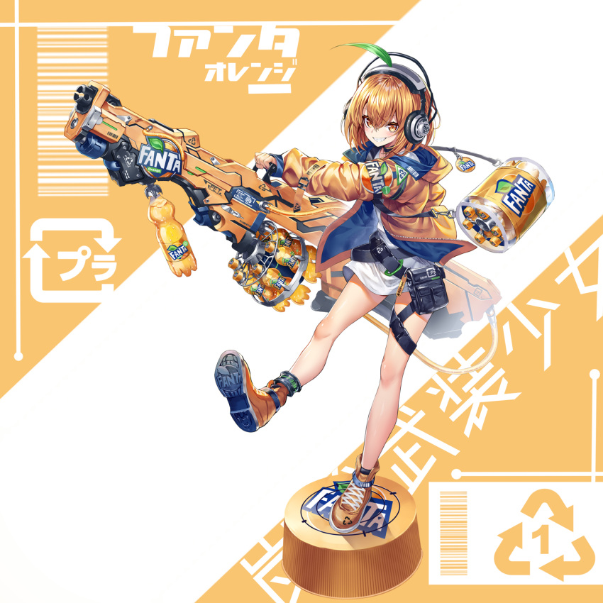 1girl anklet arrow_(symbol) background_text bangs barcode belt black_belt bob_cut bottle_cap commentary cross-laced_footwear dress english_text eyebrows_visible_through_hair fang fanta grin gun headphones heirou highres holding holding_gun holding_weapon hood hood_down hooded_jacket huge_weapon jacket jewelry leaf leg_up logo long_sleeves looking_at_viewer no_socks open_clothes open_jacket orange_eyes orange_footwear orange_hair orange_jacket original pouch recycling_symbol shoes short_dress short_hair smile sneakers soda_bottle solo standing standing_on_one_leg thigh_strap translated weapon white_dress