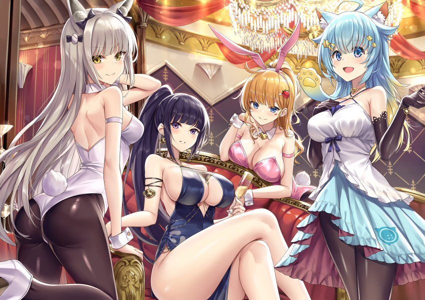 4girls ahoge animal_ears aqua_hair arm_strap armlet ass bangs black_dress black_gloves black_legwear blonde_hair blue_eyes blunt_bangs blurry blurry_background bokeh bow bracelet breast_rest breasts bunny_ears bunny_tail champagne_flute character_request choker cleavage closed_mouth criss-cross_halter crossed_legs cup depth_of_field dress drinking_glass earrings elbow_gloves fake_animal_ears gloves hair_bow hair_ornament hairband hairclip halterneck hand_on_own_chest highres indoors jewelry lanmei lanmewko large_breasts light_brown_hair long_dress medium_breasts multiple_girls original pantyhose parted_lips pelvic_curtain playboy_bunny prehensile_hair purple_eyes purple_hair second-party_source sidelocks sitting smile standing tail wrist_cuffs xephyrks yellow_eyes
