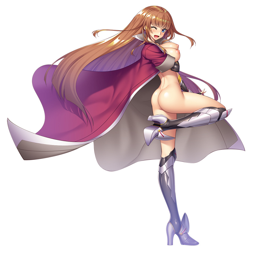 1girl alternate_costume aoi_nagisa_(metalder) ass bangs black_gloves blue_eyes blush boots breasts cleavage coat elbow_gloves fingerless_gloves full_body gloves high_heel_boots high_heels koukawa_asuka long_hair looking_at_viewer medium_breasts nipples one_eye_closed red_coat simple_background smile solo taimanin_(series) taimanin_asagi taimanin_rpgx thigh_boots thighhighs white_background