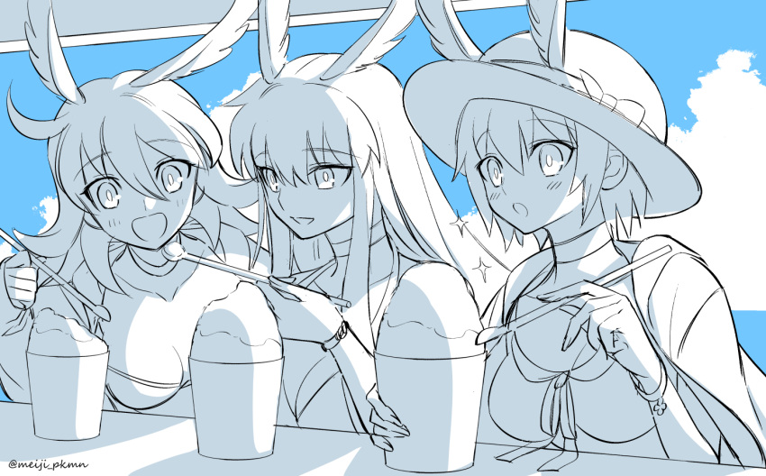 3girls ahoge bangs black_hair blonde_hair blue_sky blush breasts coat eyebrows_behind_hair eyebrows_visible_through_hair fate/grand_order fate_(series) greyscale hair_between_eyes hat hildr_(fate) holding holding_spoon long_hair looking_at_viewer meiji_ken monochrome multiple_girls ocean open_mouth ortlinde_(fate) pink_hair pointy_ears red_eyes ribbon shaved_ice short_hair sky sleeveless smile spoon summer swimsuit thrud_(fate) upper_body valkyrie_(fate) victory_pose