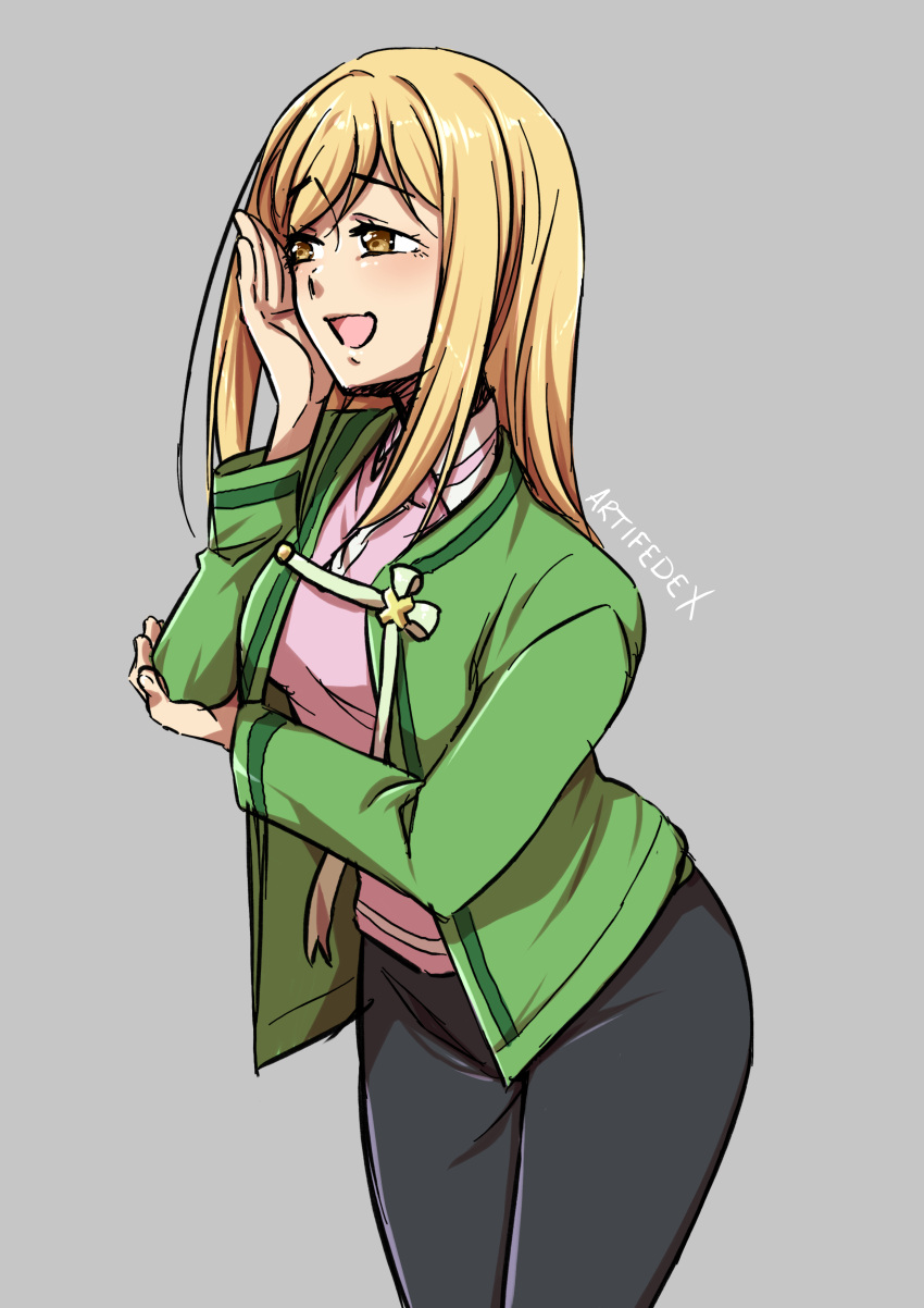 1girl :d absurdres artifedex bangs black_pants blonde_hair cowboy_shot eyebrows_visible_through_hair green_jacket grey_background highres higurashi_no_naku_koro_ni jacket long_hair long_sleeves open_clothes open_jacket open_mouth pants pink_shirt shiny shiny_hair shirt simple_background sketch smile solo standing straight_hair swept_bangs takano_miyo yellow_eyes