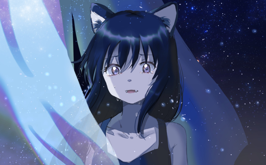 1girl animal_ear_fluff animal_ears bangs bare_shoulders black_dress black_hair blue_eyes character_request collarbone commentary_request crying crying_with_eyes_open curtains dress eyebrows_visible_through_hair fangs hair_between_eyes kayanogura long_hair looking_at_viewer ookami_kodomo_no_ame_to_yuki open_mouth sleeveless sleeveless_dress solo tears transparent upper_body