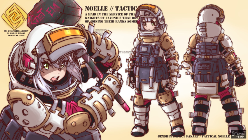 1girl :o armor armored_boots artist_name backpack bag bangs black_jumpsuit boots bulletproof_vest character_name character_sheet commentary copyright_name english_commentary english_text eyebrows_visible_through_hair from_behind full_body gauntlets genshin_impact hammer helmet holding holding_hammer introvert-kun looking_at_viewer noelle_(genshin_impact) pocket short_hair sidelocks silver_eyes solo tactical_clothes v-shaped_eyebrows white_hair