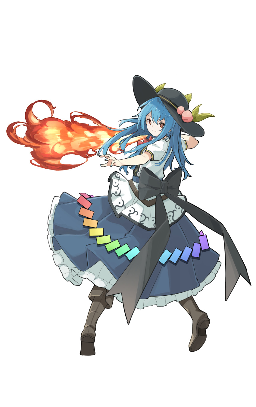 1girl absurdres back_bow bangs black_bow black_footwear black_headwear blue_eyes blue_skirt boots bow bowtie flaming_sword flaming_weapon food fruit hat hat_ornament highres hinanawi_tenshi kaibiubiubiu_(rkvc7325) knee_boots long_hair looking_at_viewer looking_back peach red_eyes shirt simple_background skirt smile solo sword_of_hisou touhou white_background white_shirt